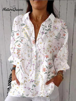 Women's Colorful Elegant Wildflower Print Casual Linen V-neck Shirt