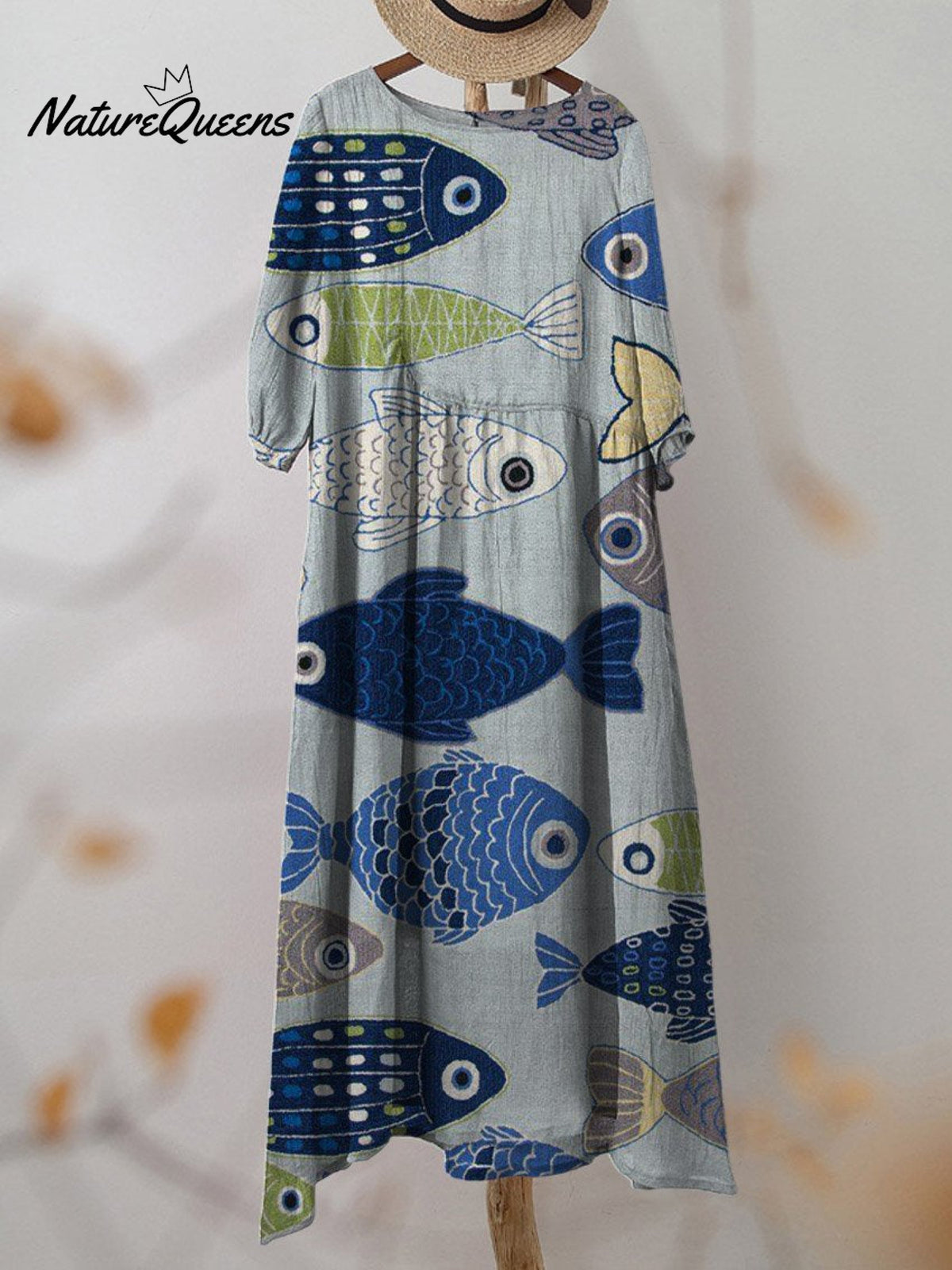 Women's Vintage Lovely Fish Art Print Pocket Cotton Dress