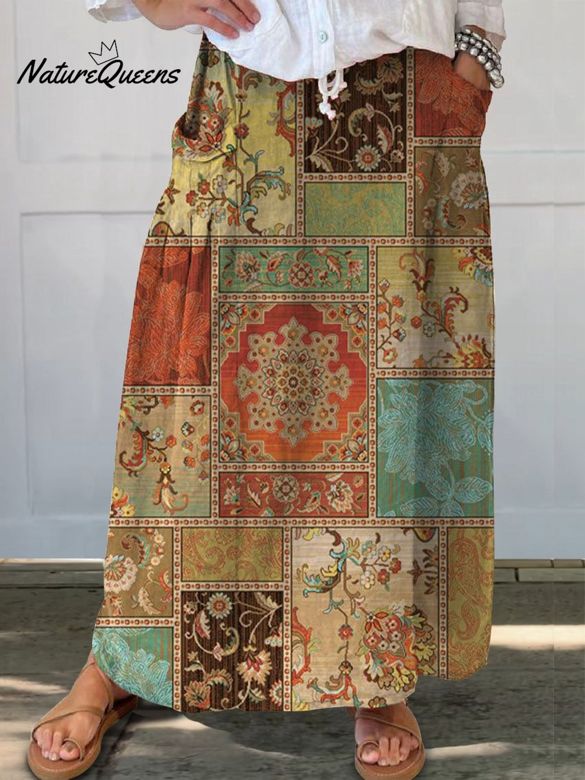 Women’s Retro Floral Ethnic Art Print Casual Linen Pocket Skirt Multicolor / S