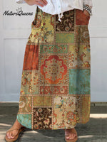 Women’s Retro Floral Ethnic Art Print Casual Linen Pocket Skirt Multicolor / S