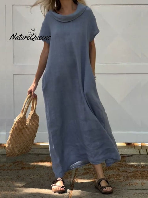 Women’s Turndown Collar Linen Pocket Dress Blue / S