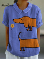 Women's Vintage Lovely Dachshund Art Print Casual Cotton And Linen Shirt