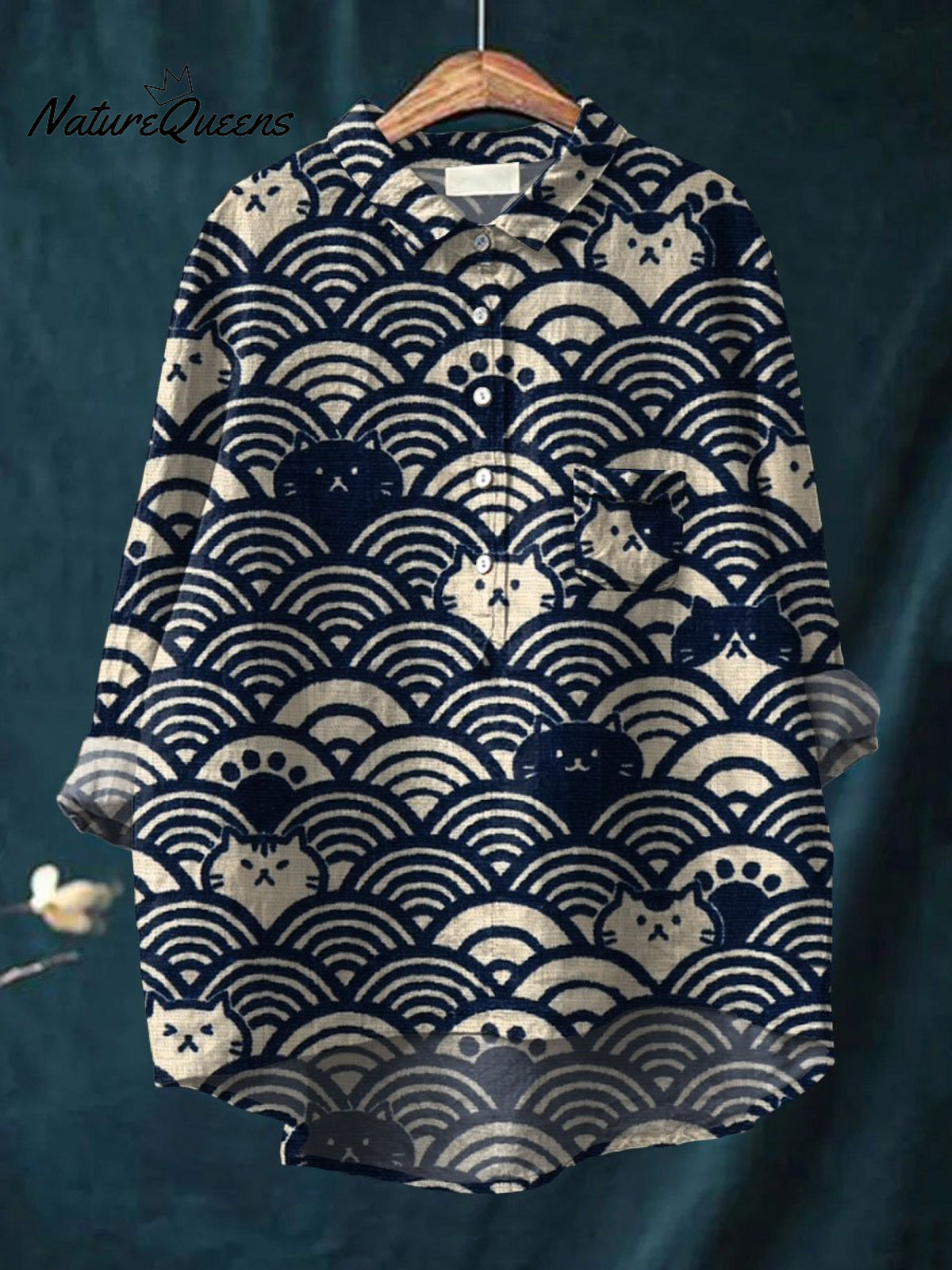 Women's Cat Waves Print Casual Cotton And Linen Shirt