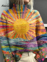 Women's Lovely Sun Floral Patchwork Art Print Knit Turtleneck Pullover Sweater