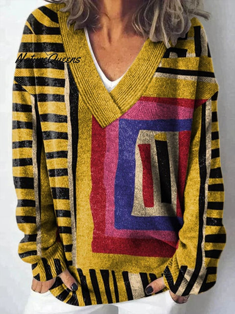 Yellow Color-block Abstract Figure Print Knit V-neck Pullover Sweater