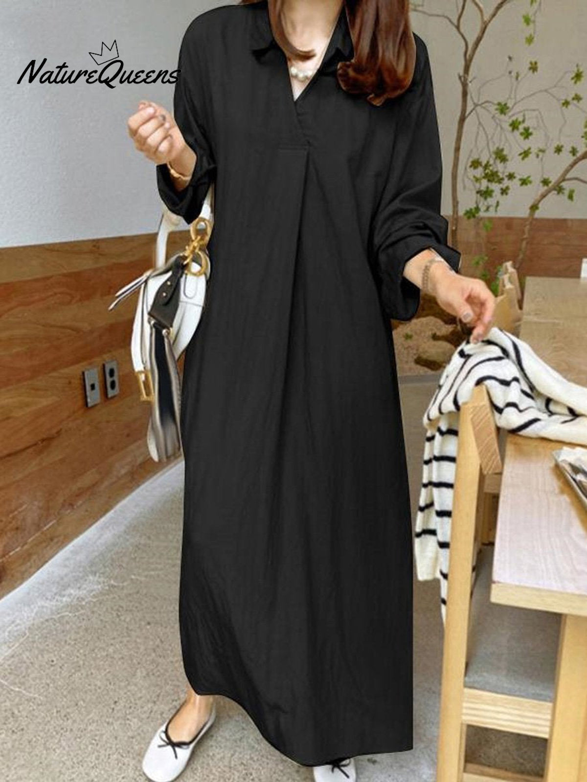 Cotton And Linen Solid Colour Lapel Collar Long Sleeve Casual Dress Black / S