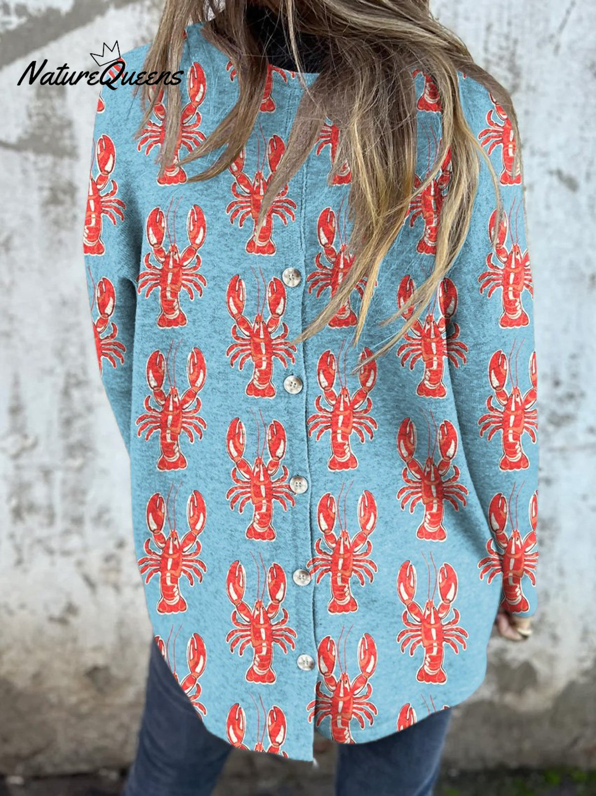 Lobster Repeat Pattern Printed Women's Button Back Casual Knitted Shirt