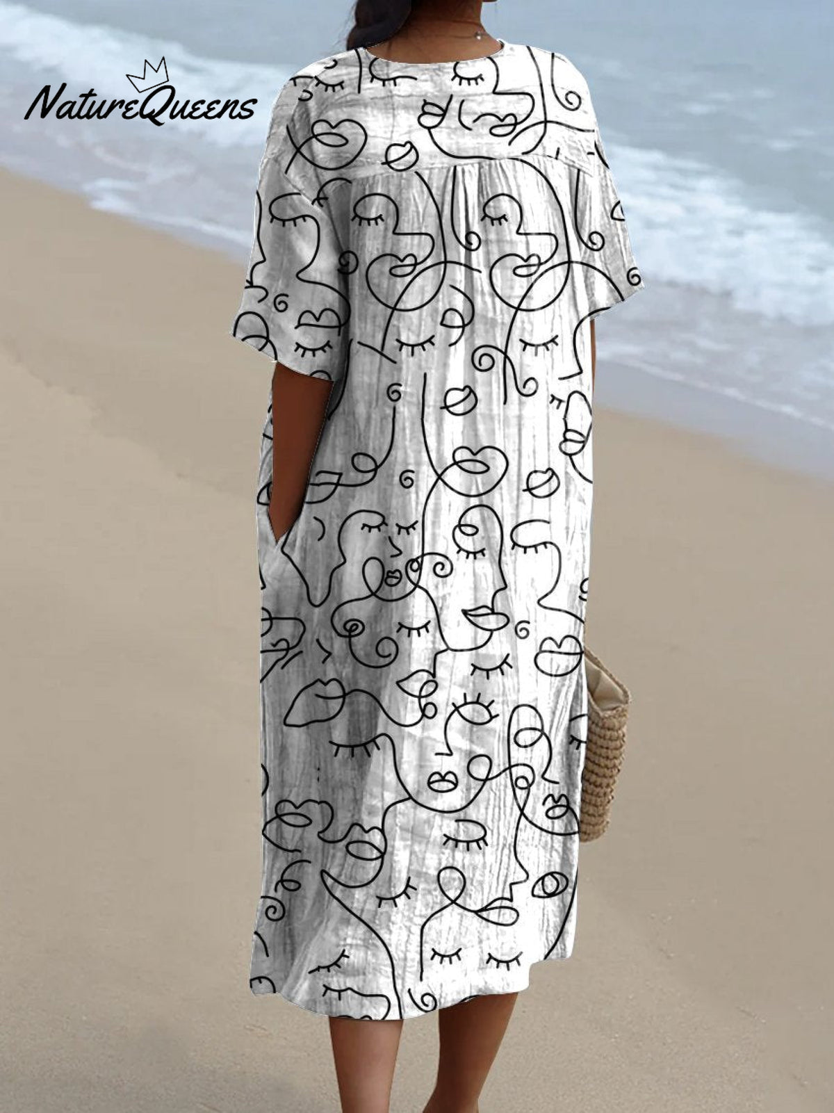 Women's Simple Face Print Print Pocket Linen Dress（Convertible Dress With Front And Back Option）