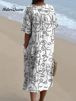 Women's Simple Face Print Print Pocket Linen Dress（Convertible Dress With Front And Back Option）