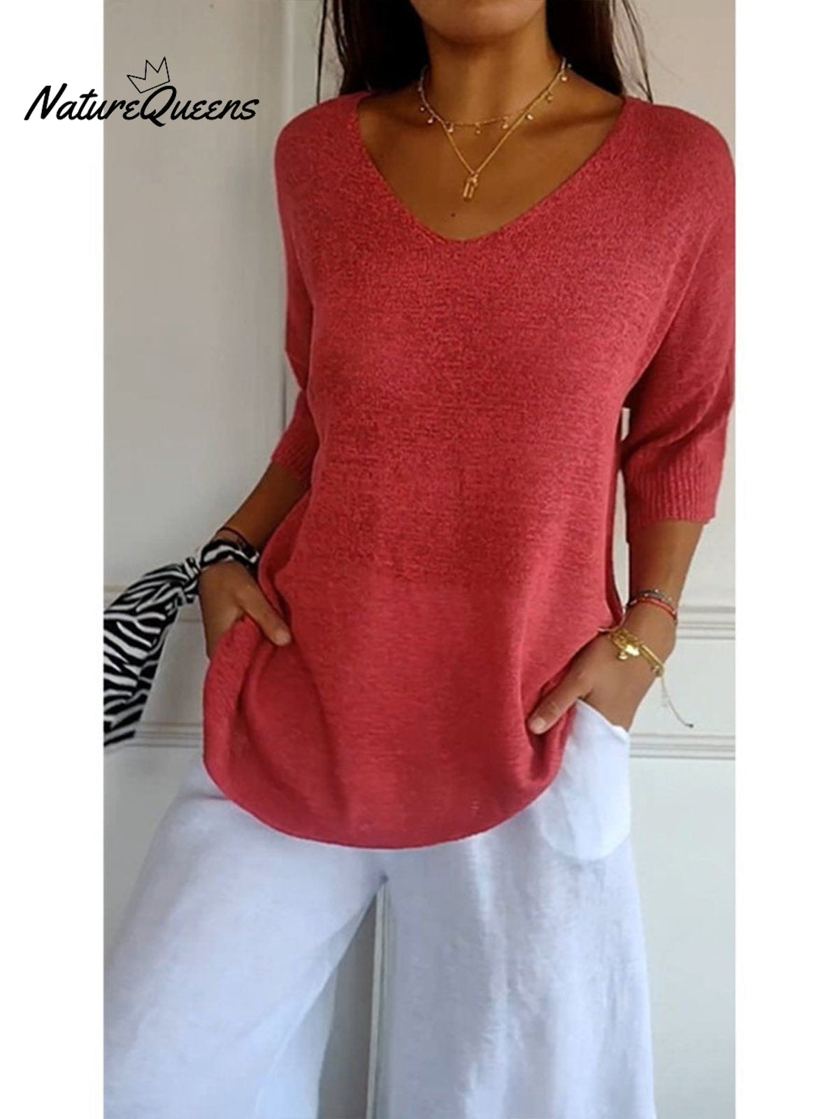 Women’s Solid Color Knitted 3/4 Sleeve V - Neck Top Red / S