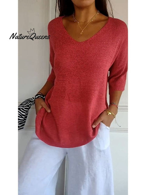 Women’s Solid Color Knitted 3/4 Sleeve V - Neck Top Red / S