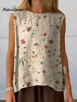 Women’s Retro Floral Art Print Casual Cotton And Linen Tank Top
