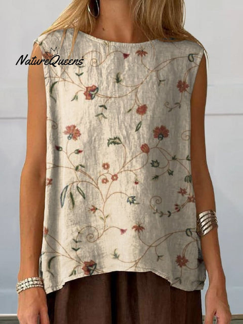 Women’s Retro Floral Art Print Casual Cotton And Linen Tank Top