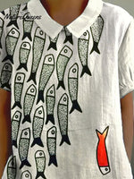 Be The Unique Fish Art Printed Women's Casual Cotton And Linen Shirt