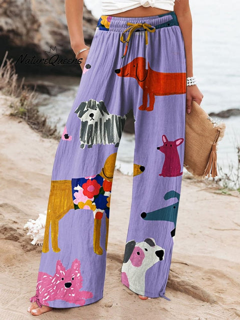 Women's  Dog  Art Printed Cotton And Linen Casual Pants
