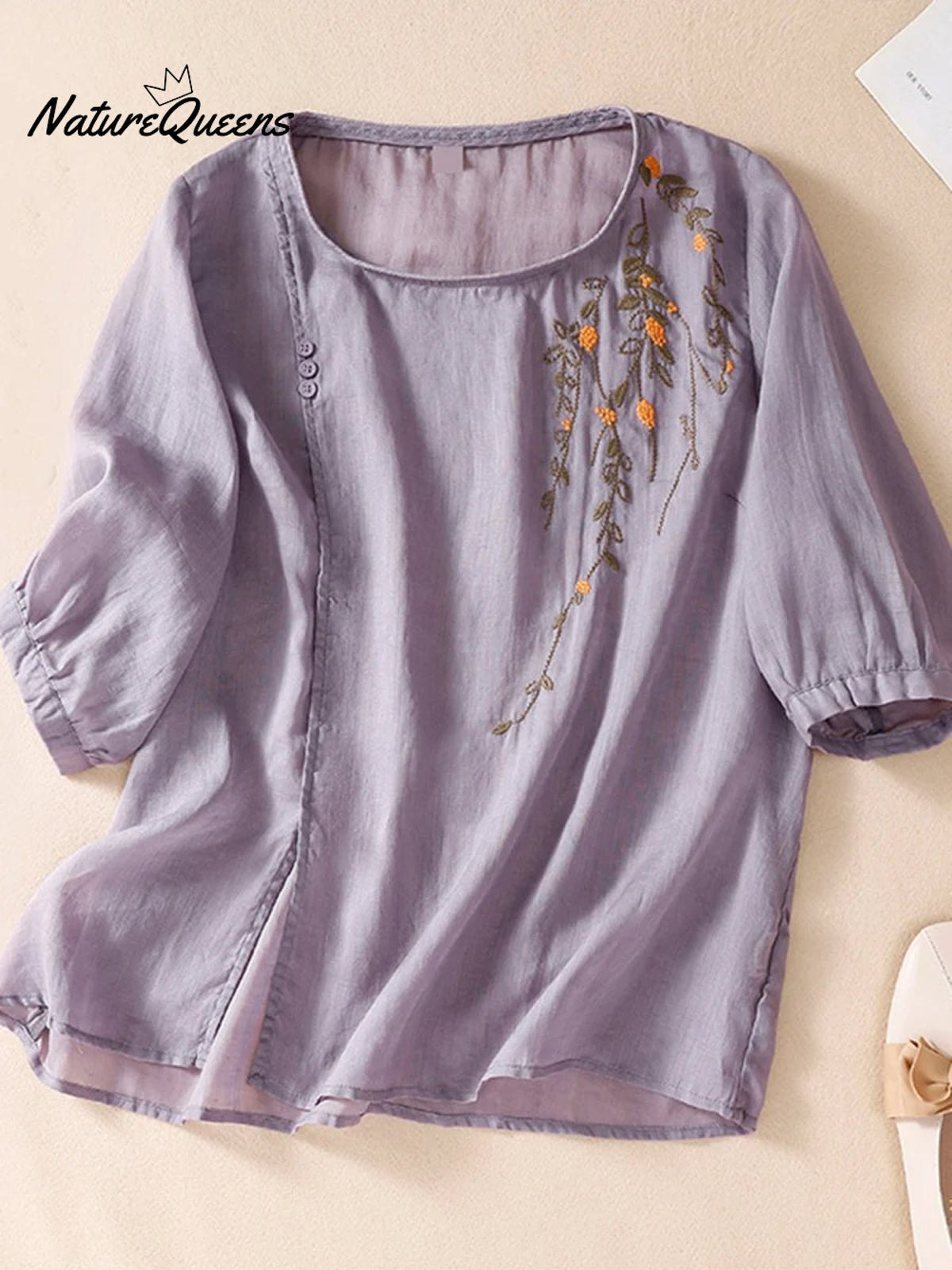 Women's Heavy Industry Embroidered Thin Cotton and Linen Crew Neck T-shirt