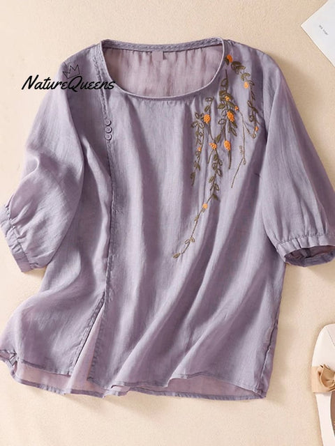 Women's Heavy Industry Embroidered Thin Cotton and Linen Crew Neck T-shirt