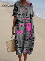 Women's Vintage Lovely Cats Art Print Flowy Dress