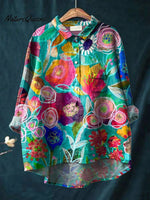 Vintage Lovely Floral Art Print Casual Cotton And Linen Shirt