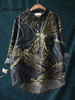 Line Drawing Dragonfly Decorative Pattern Casual Cotton And Linen Shirt