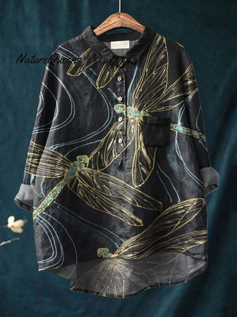 Line Drawing Dragonfly Decorative Pattern Casual Cotton And Linen Shirt
