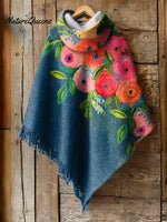 Women's Flower Art Print Casual Knitted Blanket Poncho Hood Cape