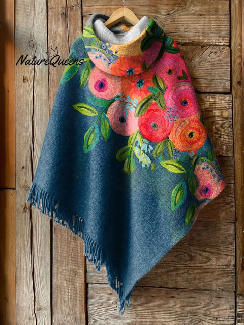 Women's Flower Art Print Casual Knitted Blanket Poncho Hood Cape