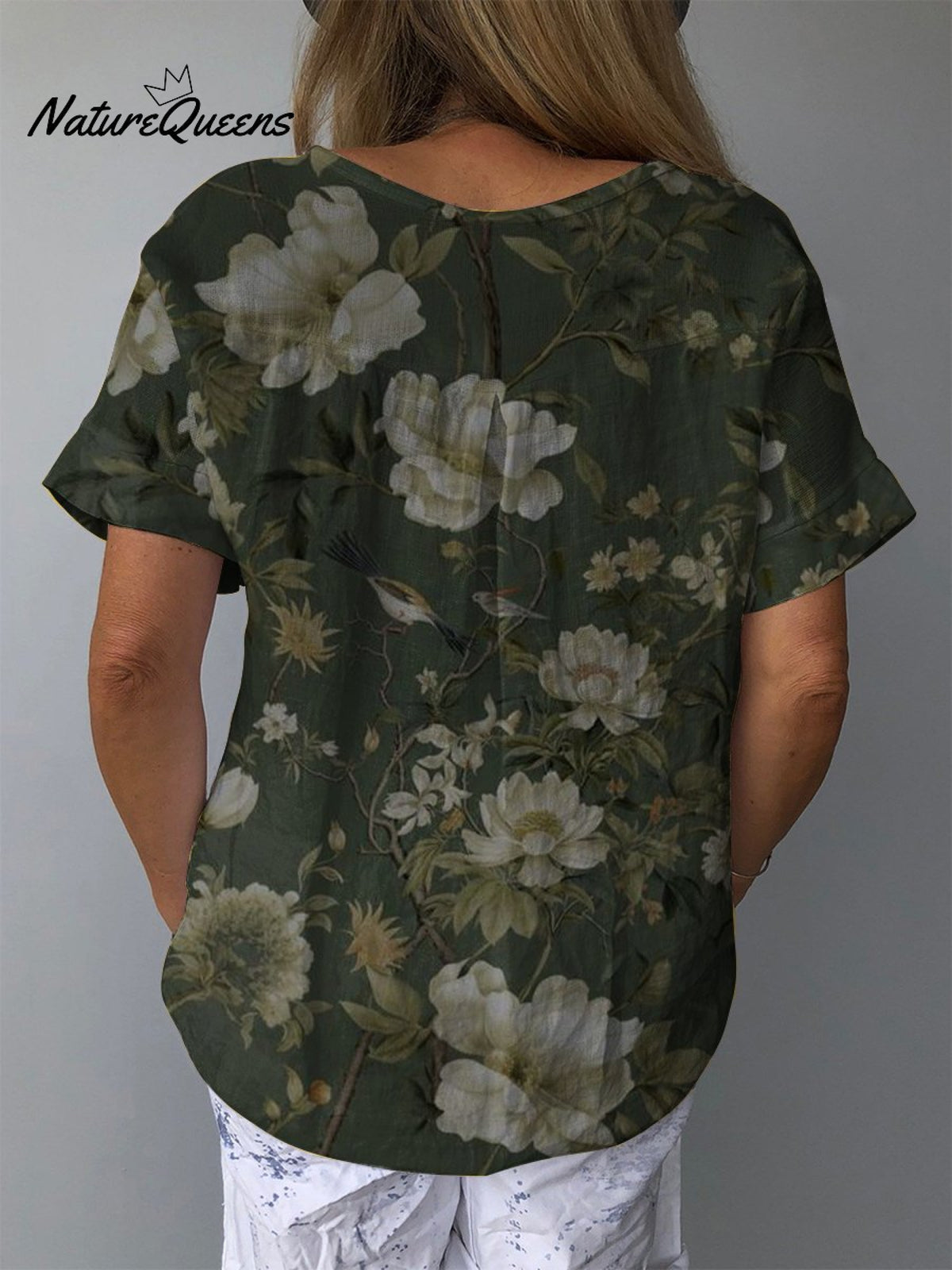 Dark Green Floral Print Women’s Casual Cotton And Linen Shirt