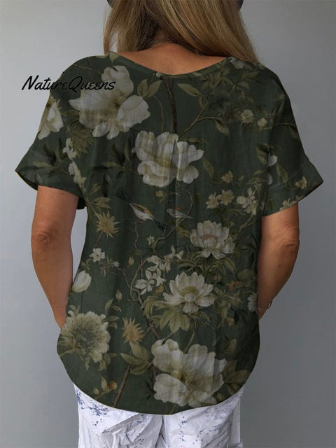 Dark Green Floral Print Women’s Casual Cotton And Linen Shirt