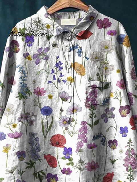 Spring Botanical Garden Pattern Printed Women's Casual Cotton And Linen Shirt