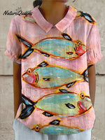 Women's Vintage Fish Art Print Casual Cotton And Linen Shirt