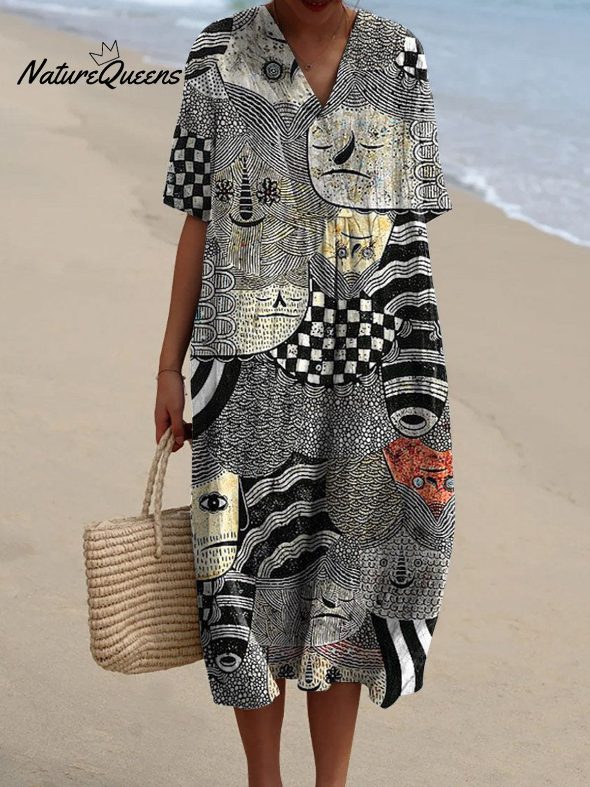 Women's Vintage Funny Abstract Figure Art Print Flowy Dress