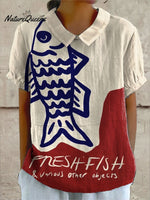 Women's Vintage Fish Art Print Casual Cotton And Linen Shirt