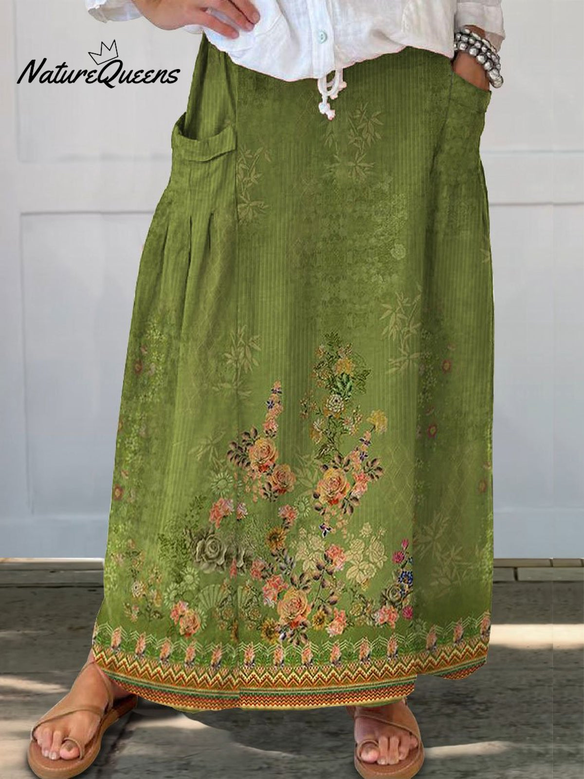 Women’s Vintage Flower Print Linen Pocket Skirt Multicolor / S