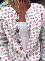 Lovely Small Pink Watercolor Floral Pattern Printed Buttoned Cardigan Sweater