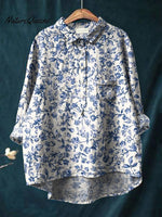 Women's Small Blue Flowers Print Casual Cotton And Linen Shirt