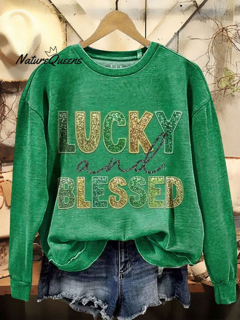 St. Patrick'S Day Retro Lucky Clover Print Casual  Sweatshirt