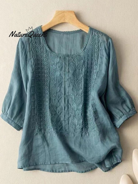 Women's Mid Sleeve Cotton And Linen Embroidery Blouse