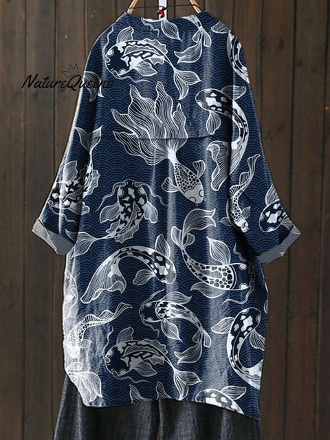 Japanese Style Koi Fish Pattern Printed Women's Loose Casual Top Jacket