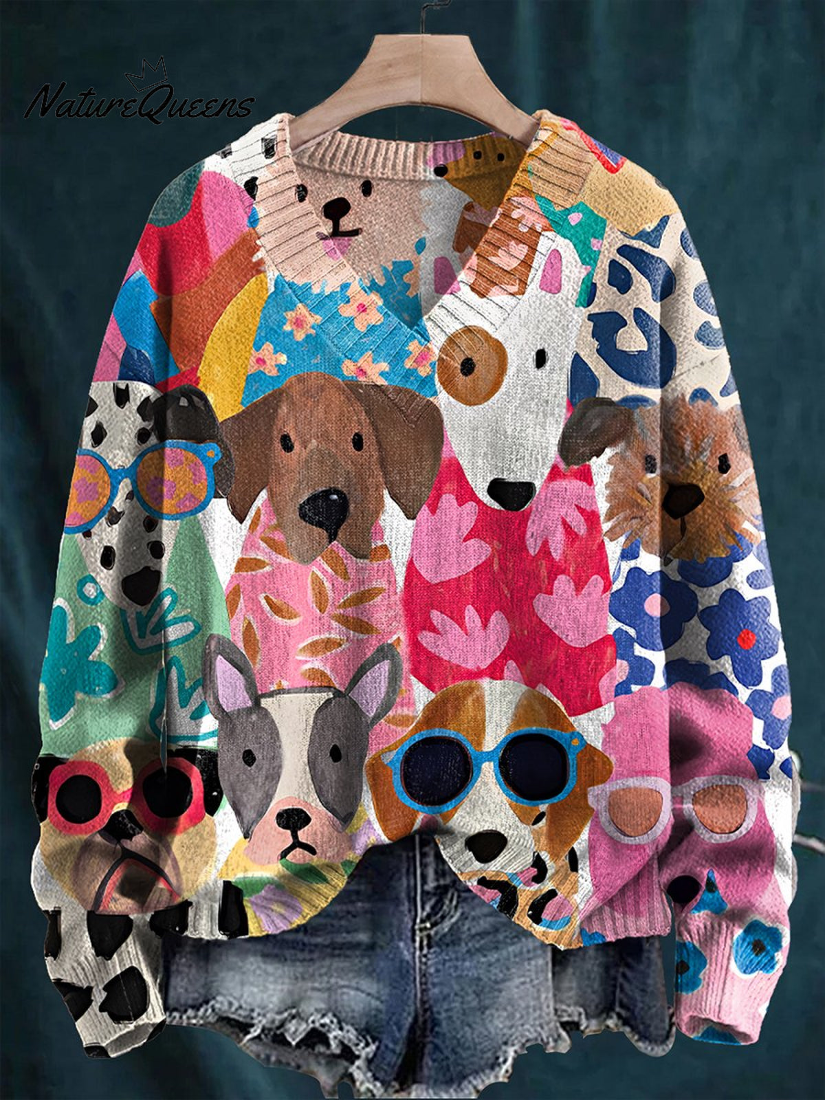 Men's V-neck Women's Cartoon Flower Shirt for Puppies Print Long Sleeve Sweater