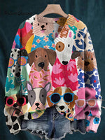 Men's V-neck Women's Cartoon Flower Shirt for Puppies Print Long Sleeve Sweater