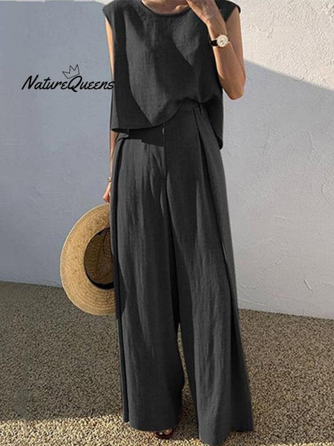 Women’s Tank Vest Outfits Wide Leg Trousers Set Black / S