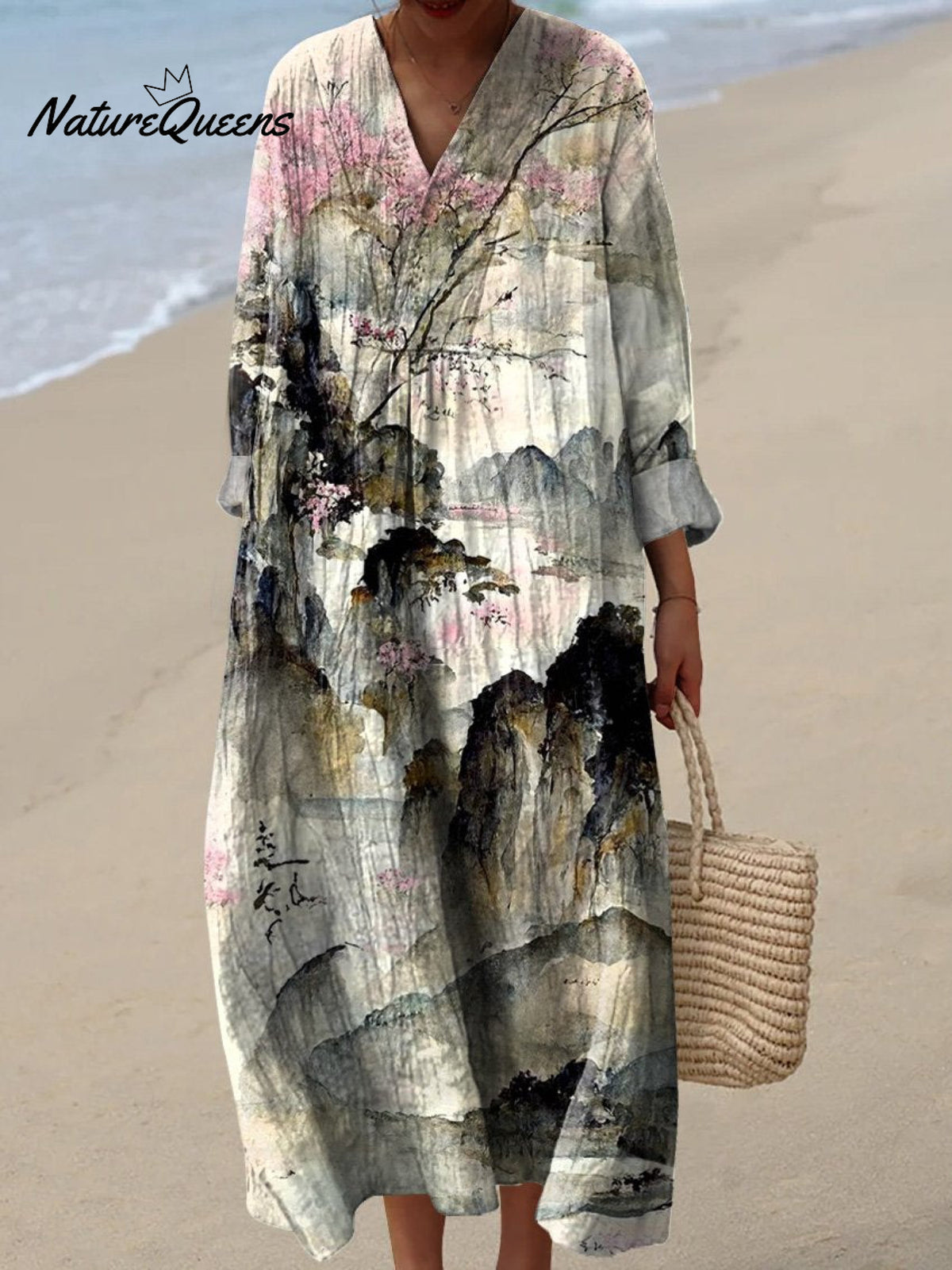 Japanese Style Watercolor Landscape Art Printed Women's Dress