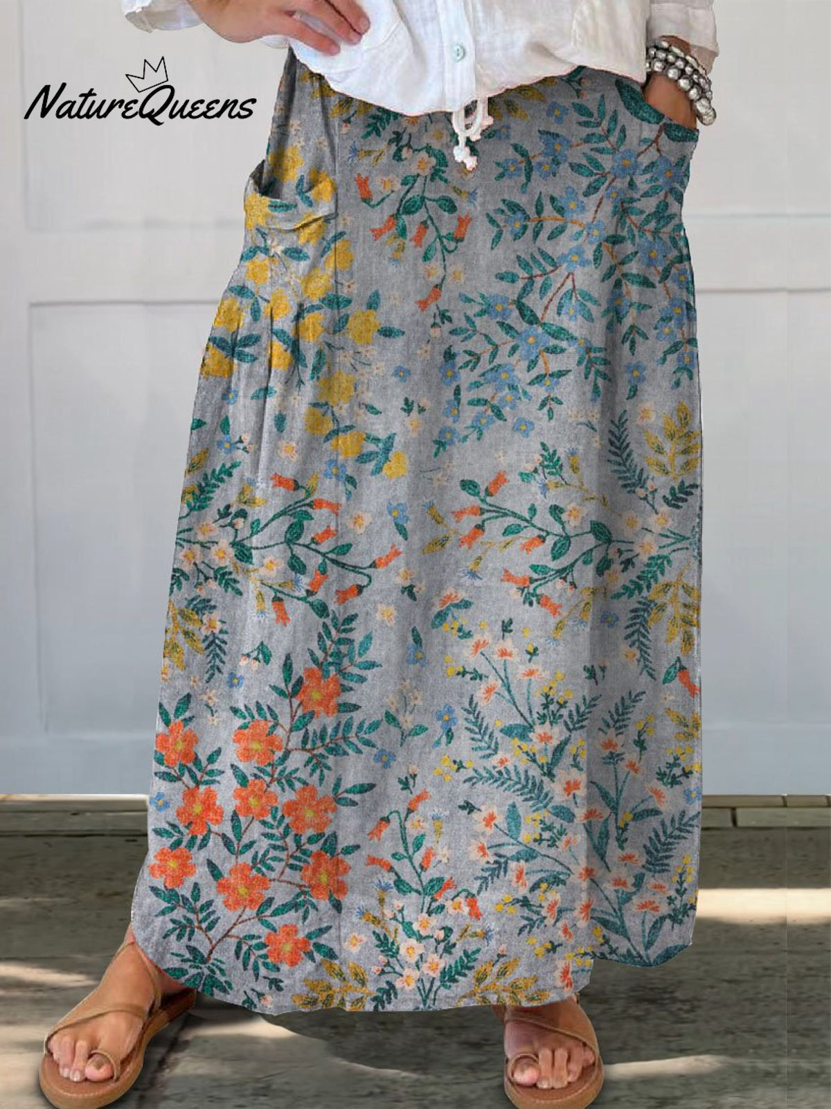 Women’s Retro Elegant Floral Art Pattern Print Linen Pocket Skirt Multicolor / S