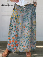 Women’s Retro Elegant Floral Art Pattern Print Linen Pocket Skirt Multicolor / S