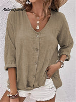 Casual V - Neck Pullover Short - Sleeved Blouse Khaki / S