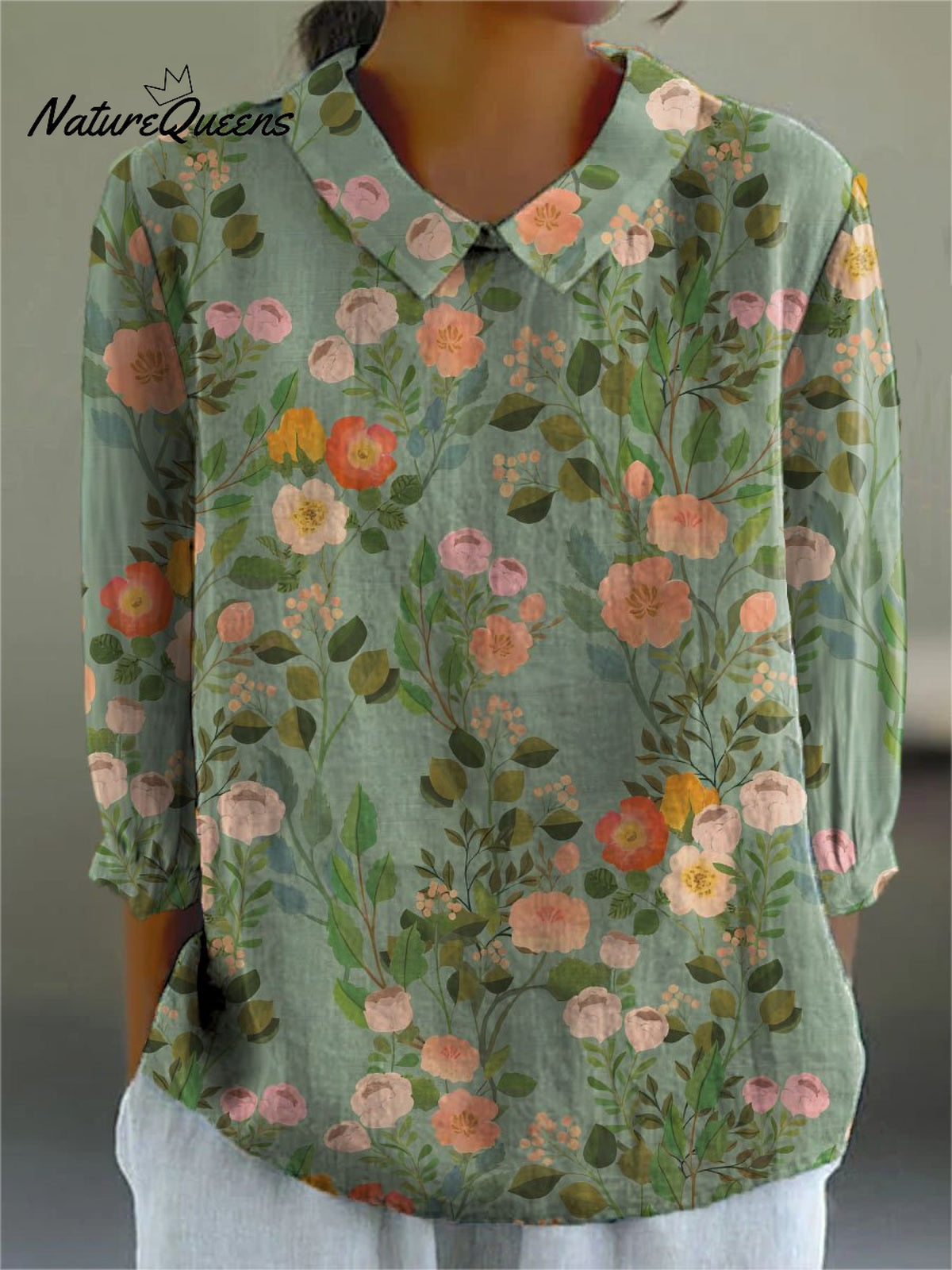 Women’s Retro Floral Print Casual Cotton And Linen 3/4 Sleeve Shirt Green / S