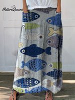 Women's Vintage Lovely Fish Art Print Linen Pocket Skirt