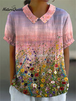 Oil Painting Summer Field Art Printed Women's Casual Cotton And Linen Shirt