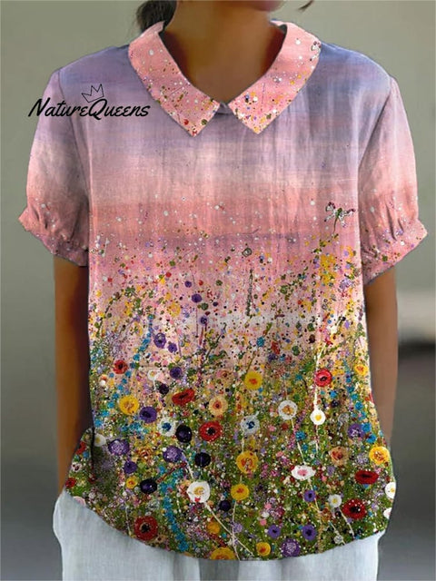 Oil Painting Summer Field Art Printed Women's Casual Cotton And Linen Shirt